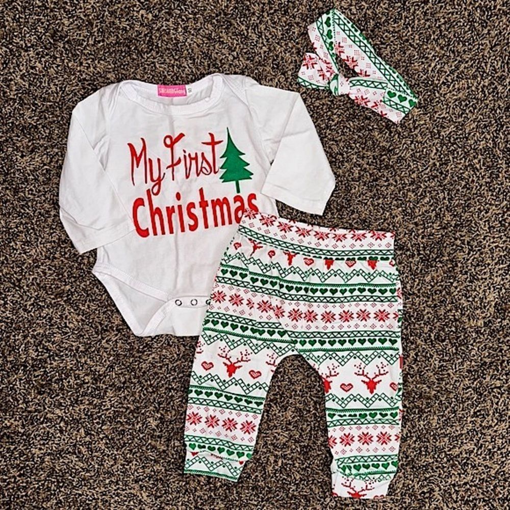 Girl’s First Christmas Outfit 3pc Set bodysuit top pants bow headband green red